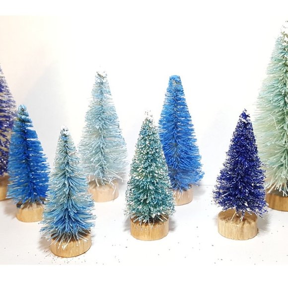 8pc Mini Assorted BLUE Sisal Bottle Brush Trees Xmas Christmas Decor Set - Picture 3 of 4